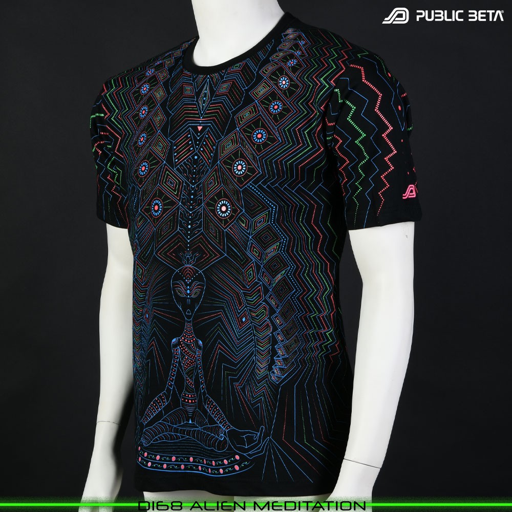 Alien Meditation Visionary psychedelic art print on t-shirt. Durable Glow in Blacklight full print by Public Beta Wear