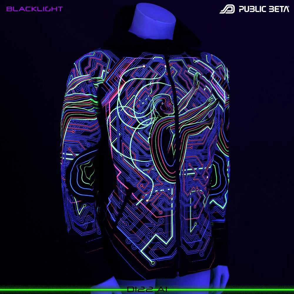 AI D122 HOODED SWEATER– Glow in Blacklight | PUBLIC BETA WEAR