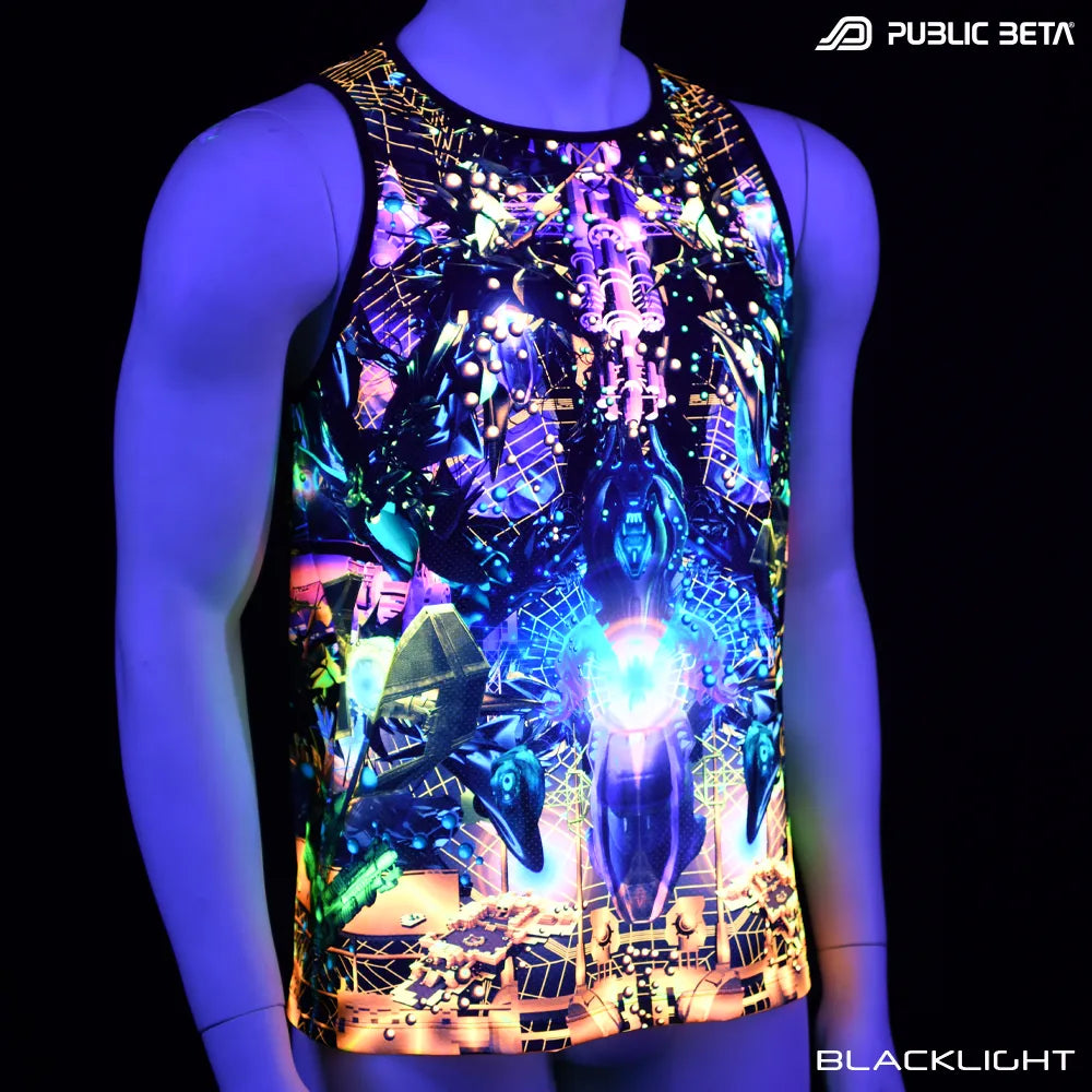 Ziggurat D164 UV Sleeveless Shirt/ Glow in Blacklight Psytrance Wear