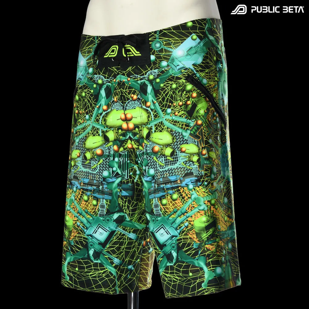 Shorts  with UV-reactive print, photographed in natural light