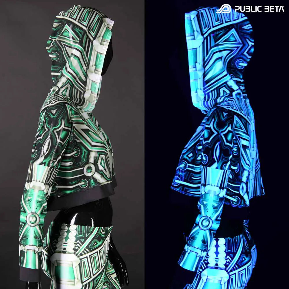 Hooded mesh top with UV-reactive psychedelic art print under blacklight