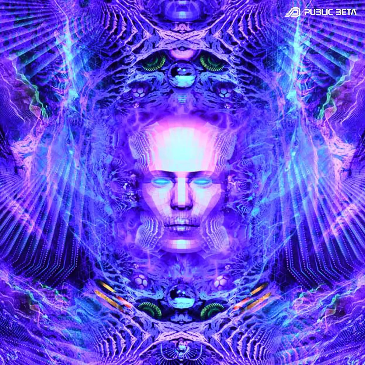 wallhanging with UV-reactive psychedelic art print glowing under blacklight