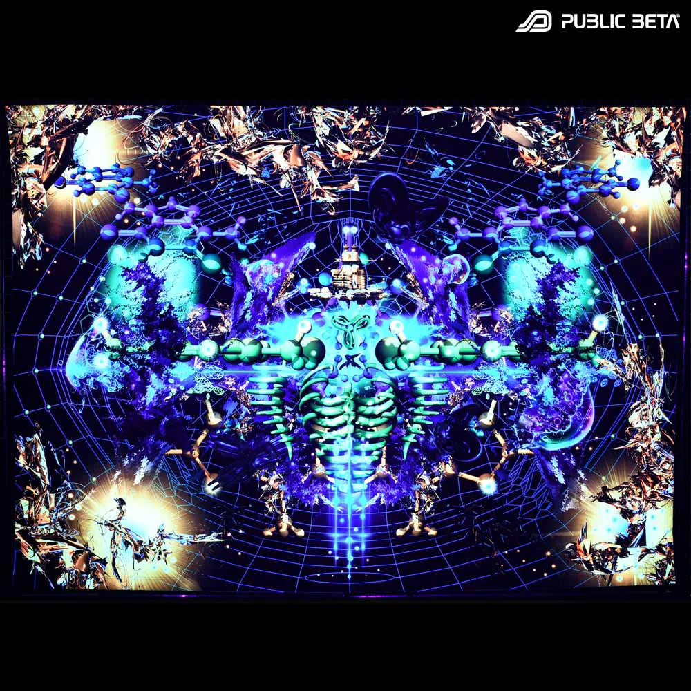 Wallhanging with UV-reactive futuristic print glowing under blacklight