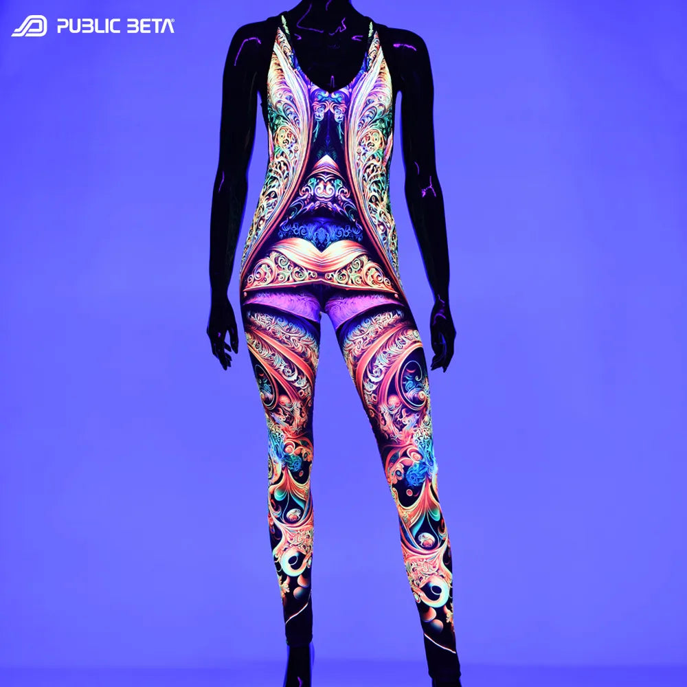 Jumpsuit with UV-reactive graphics glowing under blacklight