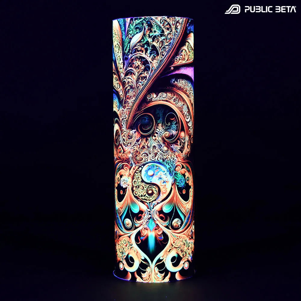 Tube scarf with organic UV-reactive print glowing under blacklight