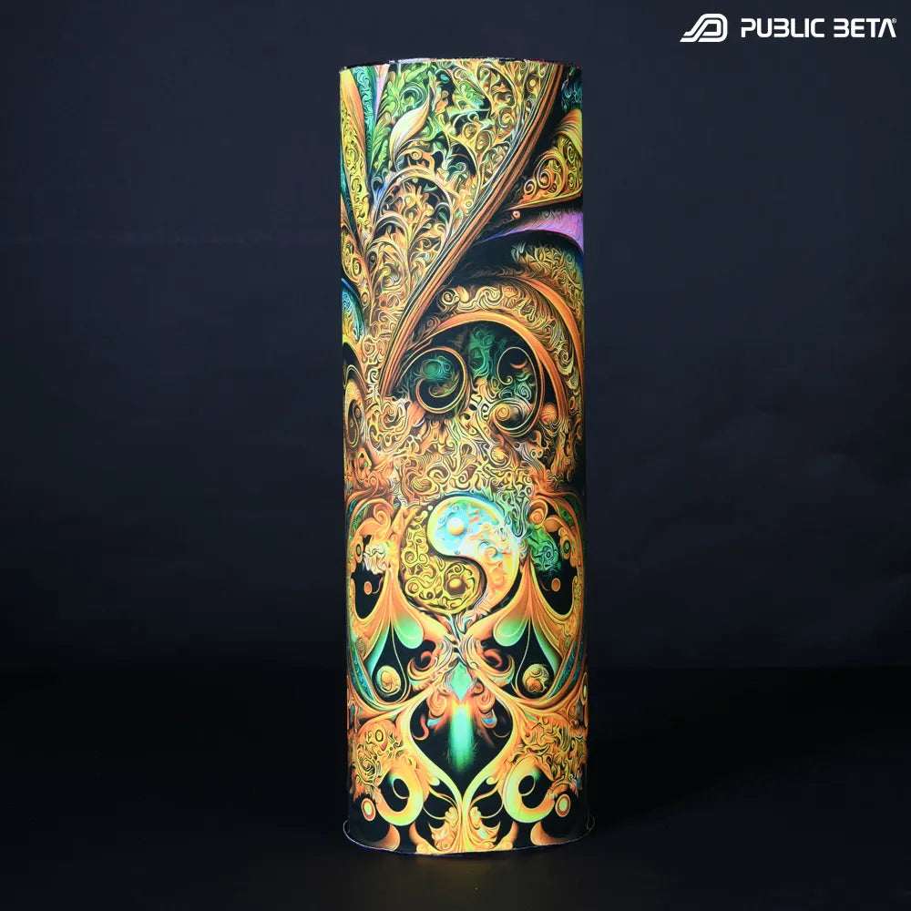 Tube scarf  with organic UV-reactive print, photographed in natural light