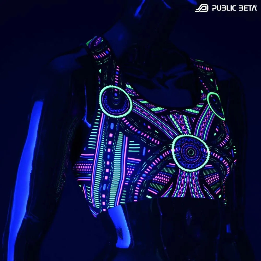 Active top with geometric UV-reactive graphics glowing under blacklight