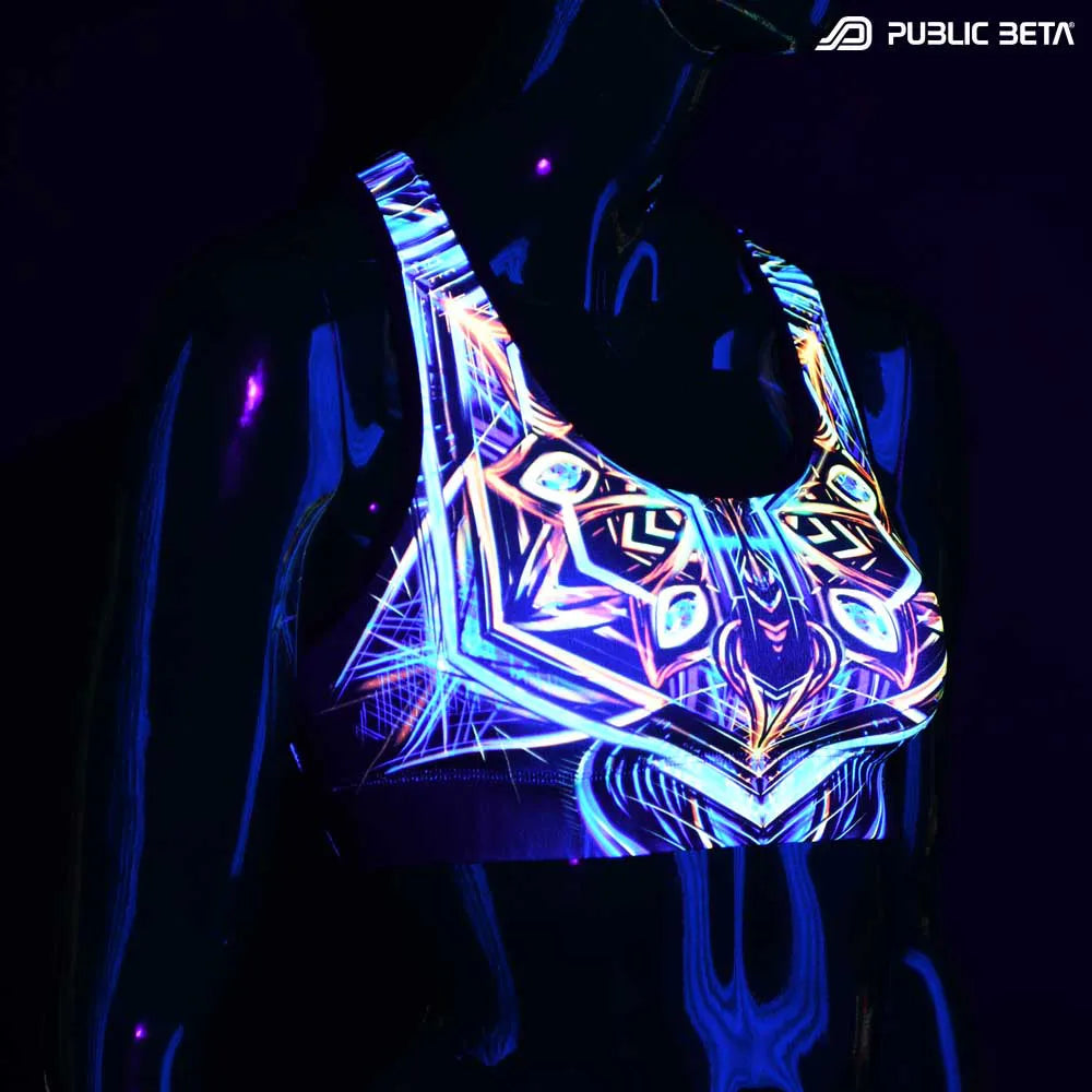 Active top with UV-reactive printed graphics glowing under blacklight
