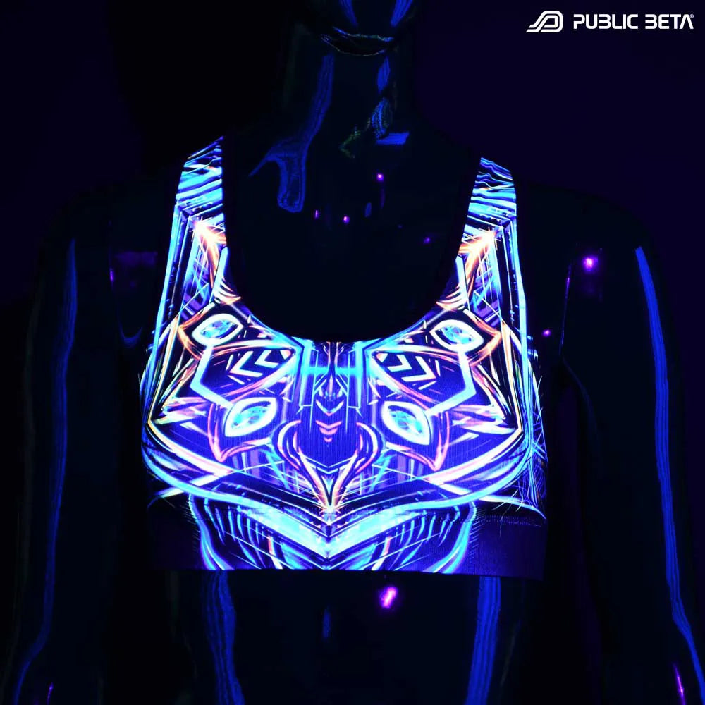 Active top with UV-reactive printed graphics glowing under blacklight