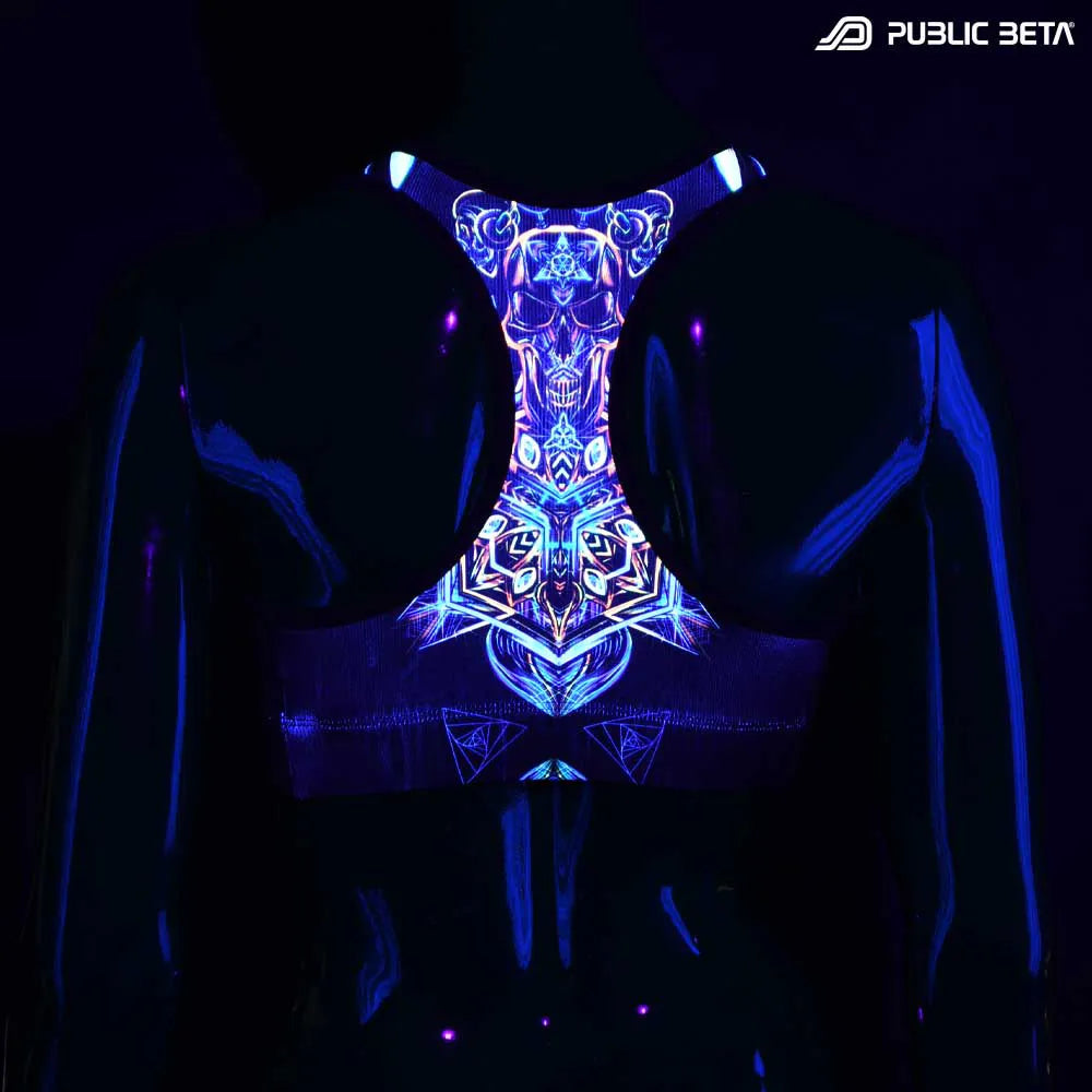 Active top with UV-reactive printed graphics glowing under blacklight