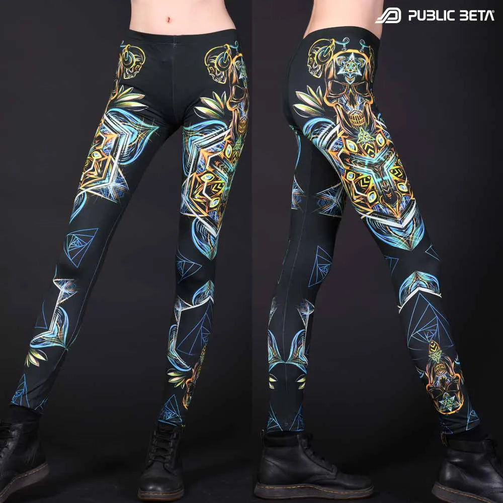 Leggings with UV-reactive psychedelic art print, photographed in natural light