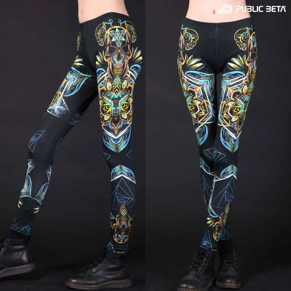 Leggings with UV-reactive psychedelic art print, photographed in natural light