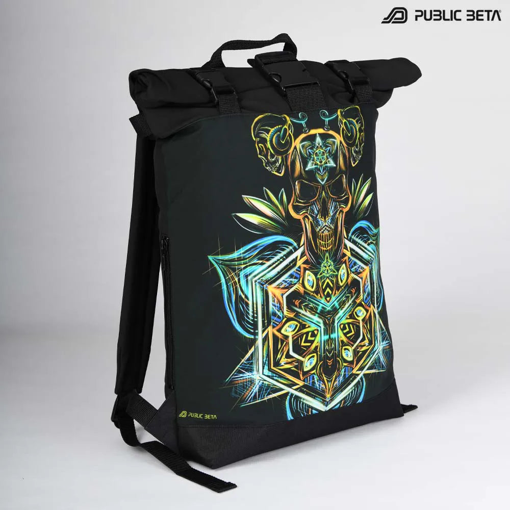 Backpack with UV-reactive psychedelic art print photographed in natural light