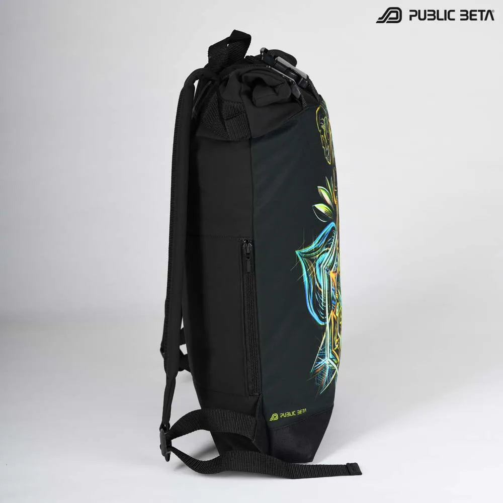 Backpack with UV-reactive psychedelic art print photographed in natural light