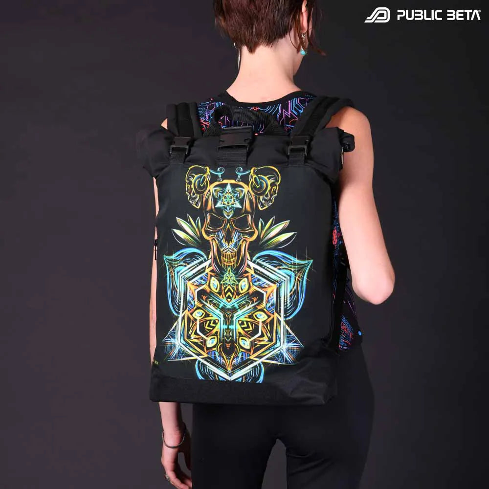 Backpack with UV-reactive psychedelic art print photographed in natural light