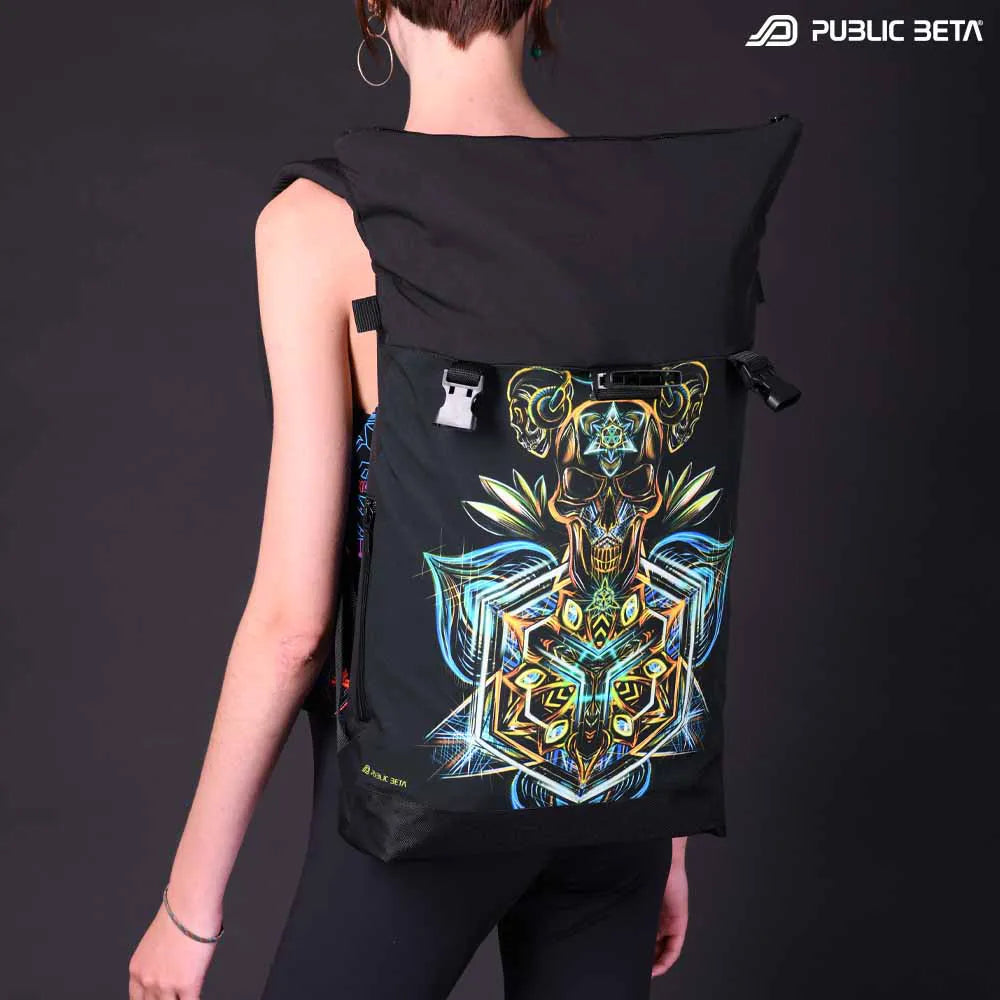 Backpack with UV-reactive psychedelic art print photographed in natural light