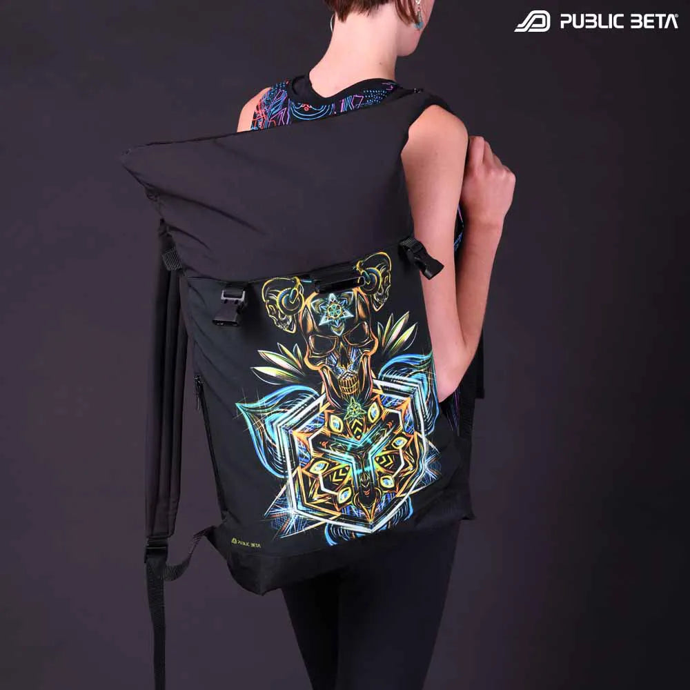 Backpack with UV-reactive psychedelic art print photographed in natural light