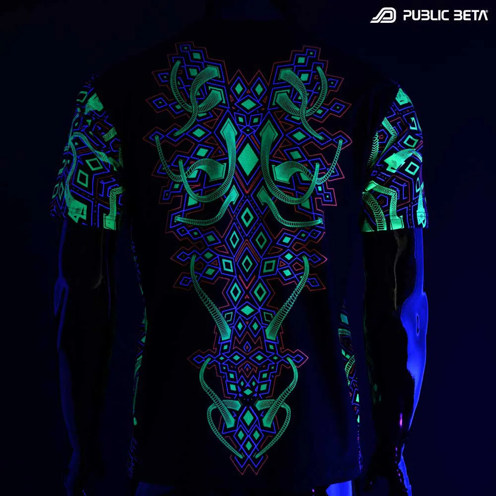 T-shirt with geometric UV-reactive graphics glowing under blacklight