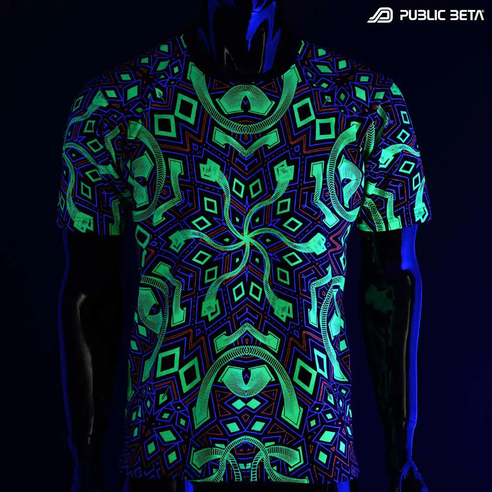 T-shirt with geometric UV-reactive graphics glowing under blacklight