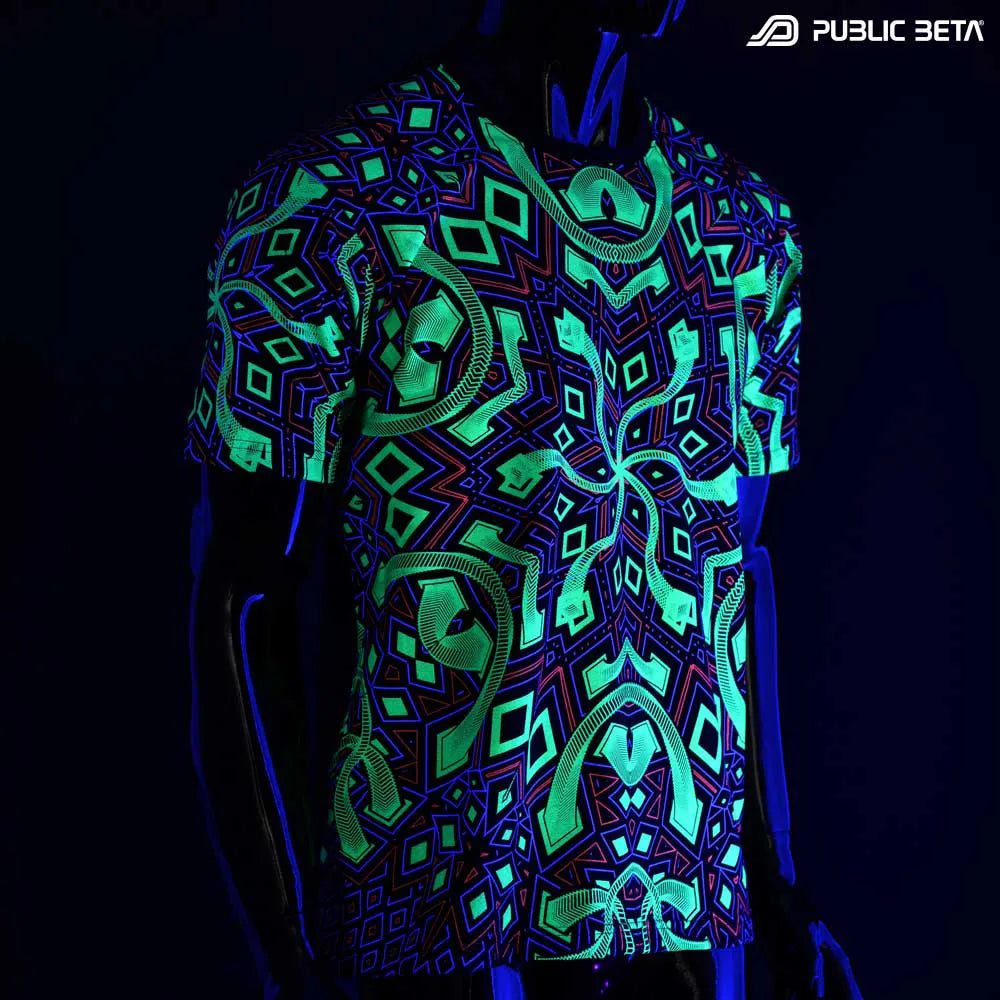 T-shirt with geometric UV-reactive graphics glowing under blacklight