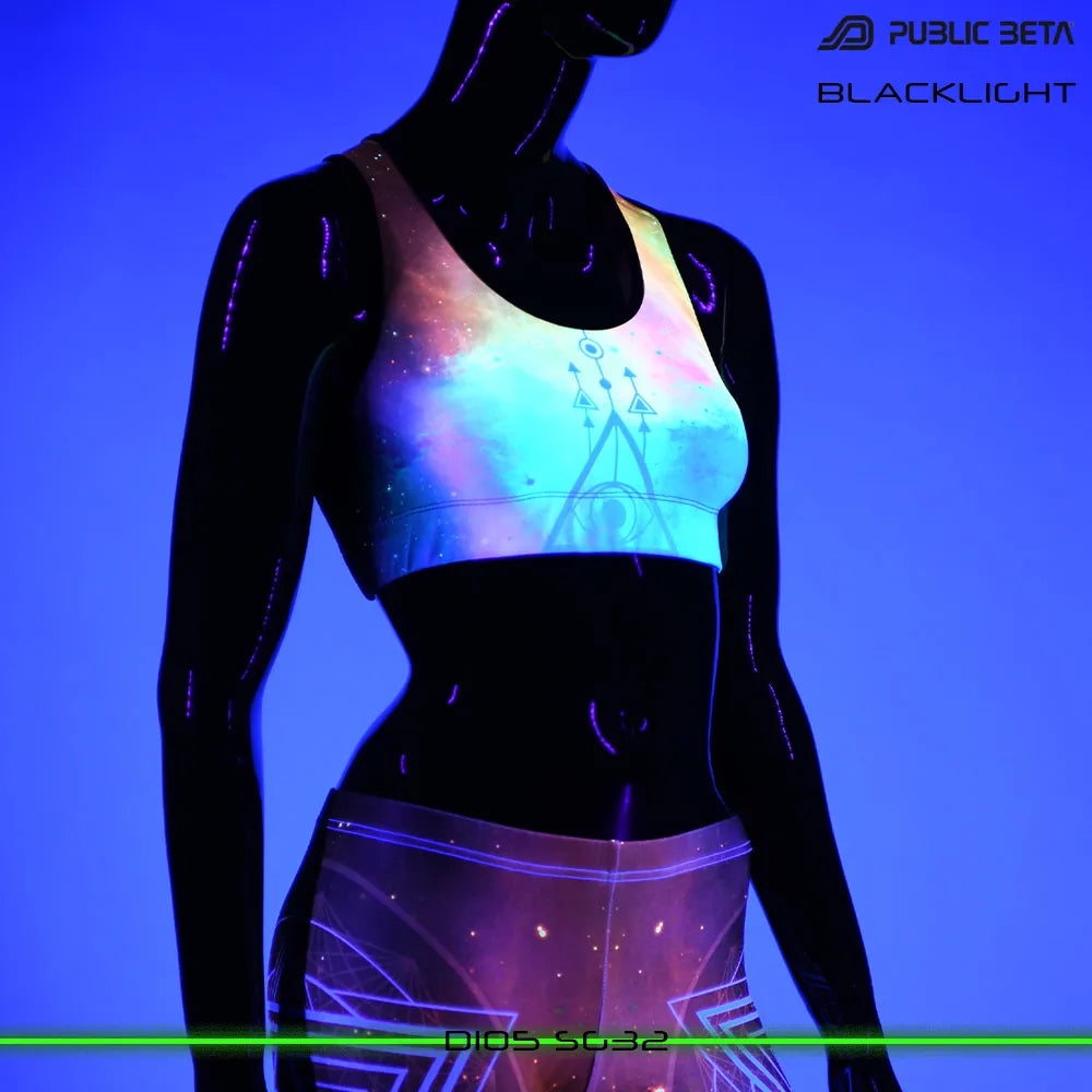 Active top with geometric UV-reactive graphics glowing under blacklight