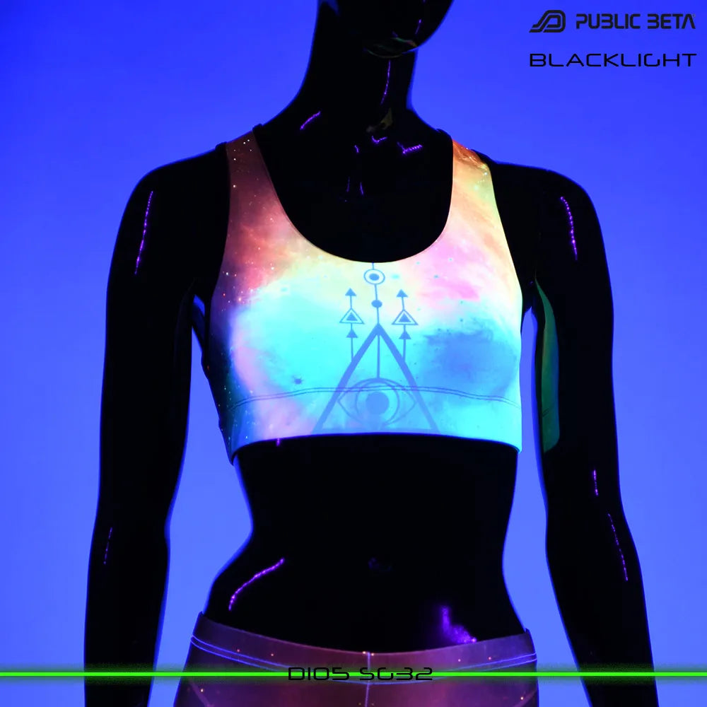 Active top with geometric UV-reactive graphics glowing under blacklight