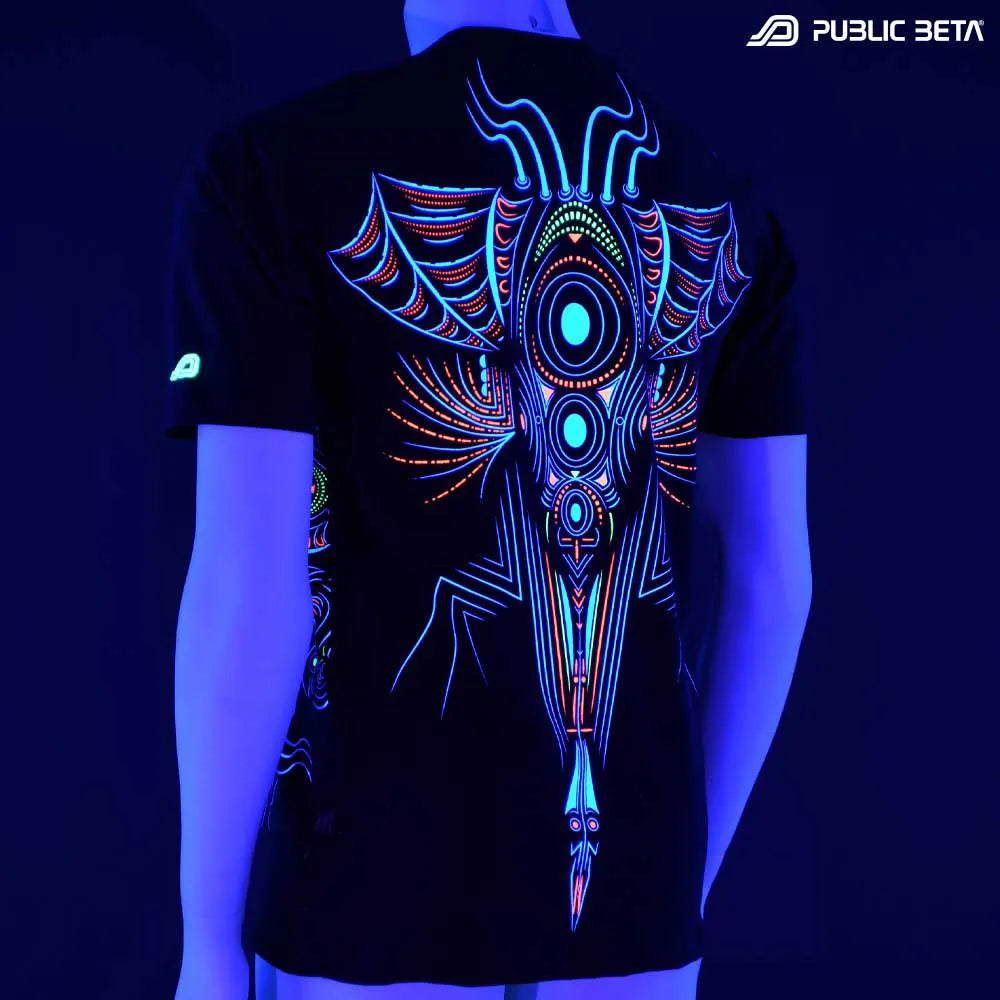 T-shirt with psychedelic UV-reactive graphics glowing under blacklight