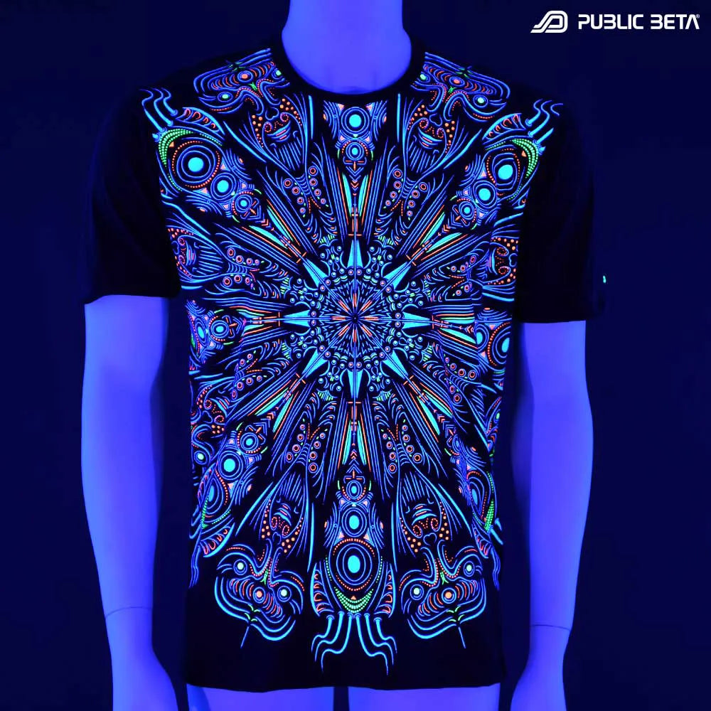 T-shirt with psychedelic UV-reactive graphics glowing under blacklight
