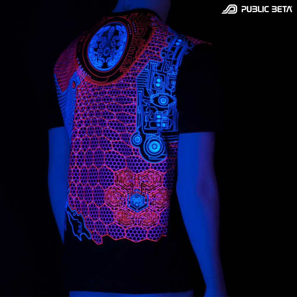 T-shirt with geometric UV-reactive graphics glowing under blacklight