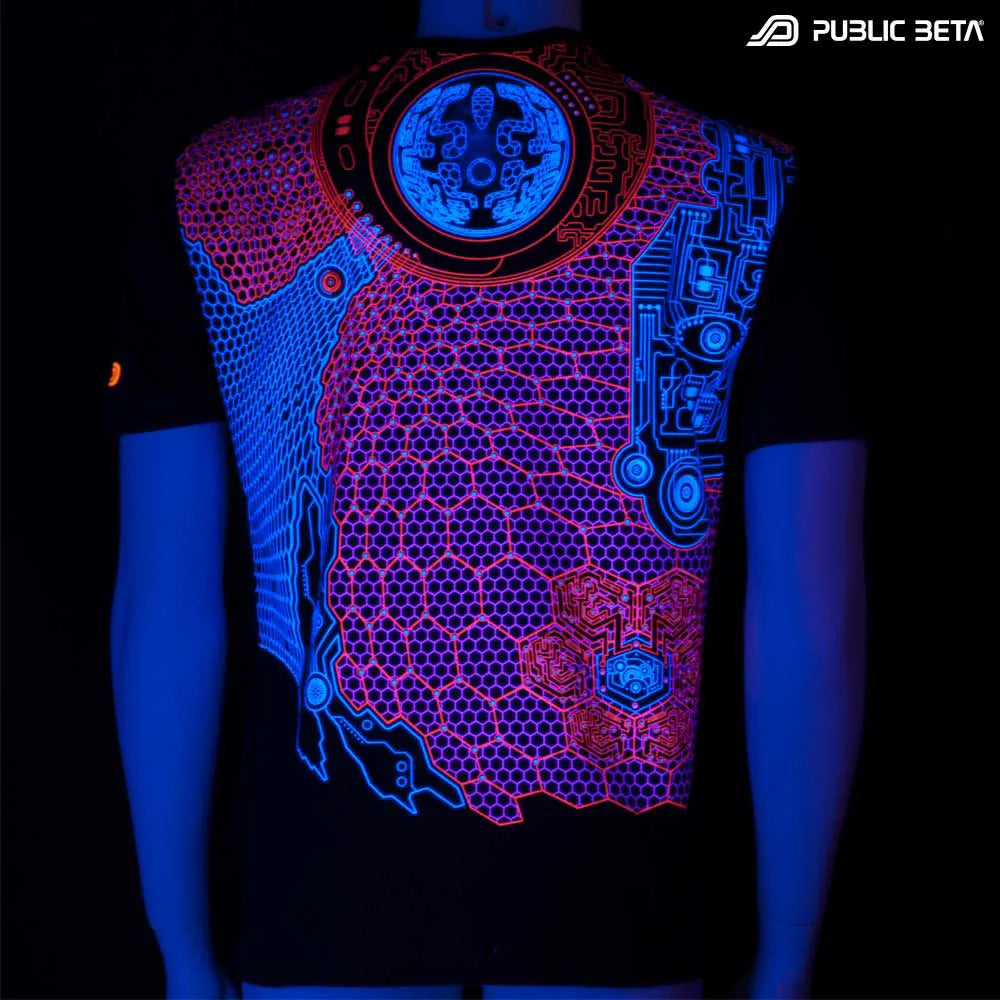 T-shirt with geometric UV-reactive graphics glowing under blacklight