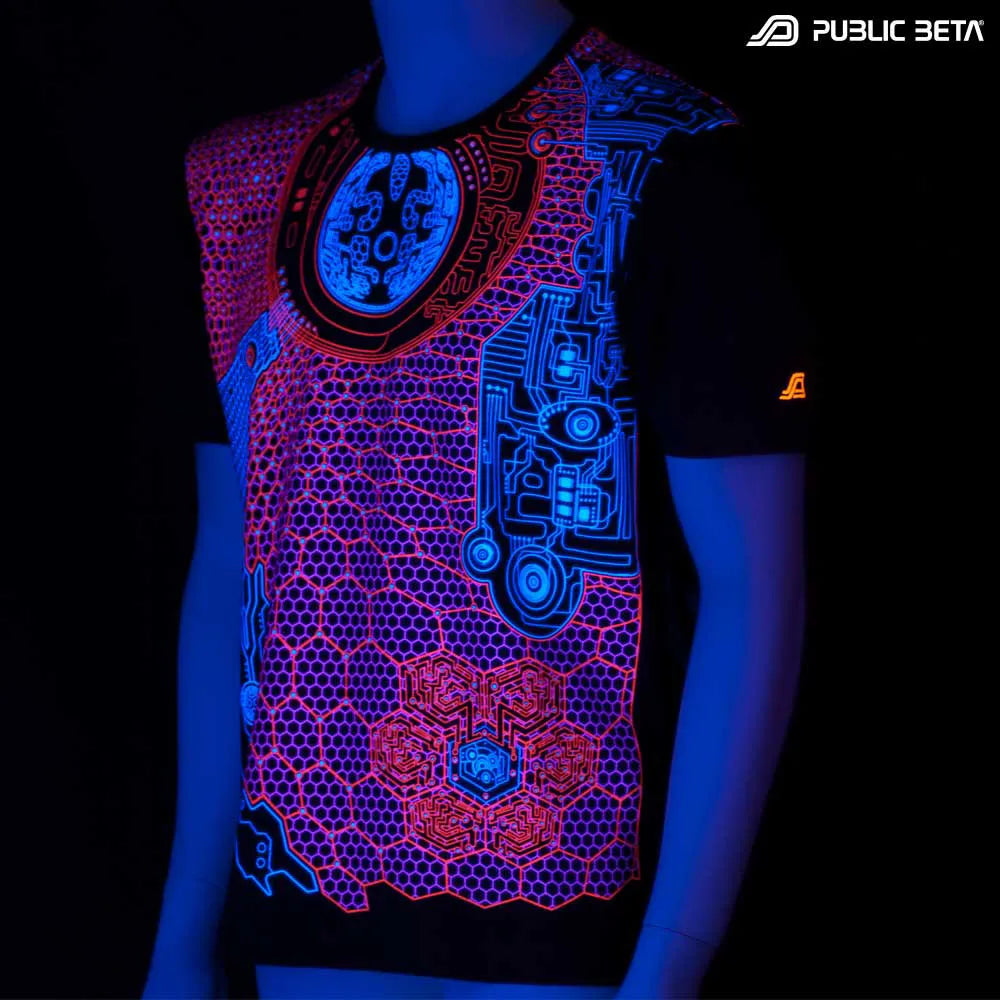 T-shirt with geometric UV-reactive graphics glowing under blacklight