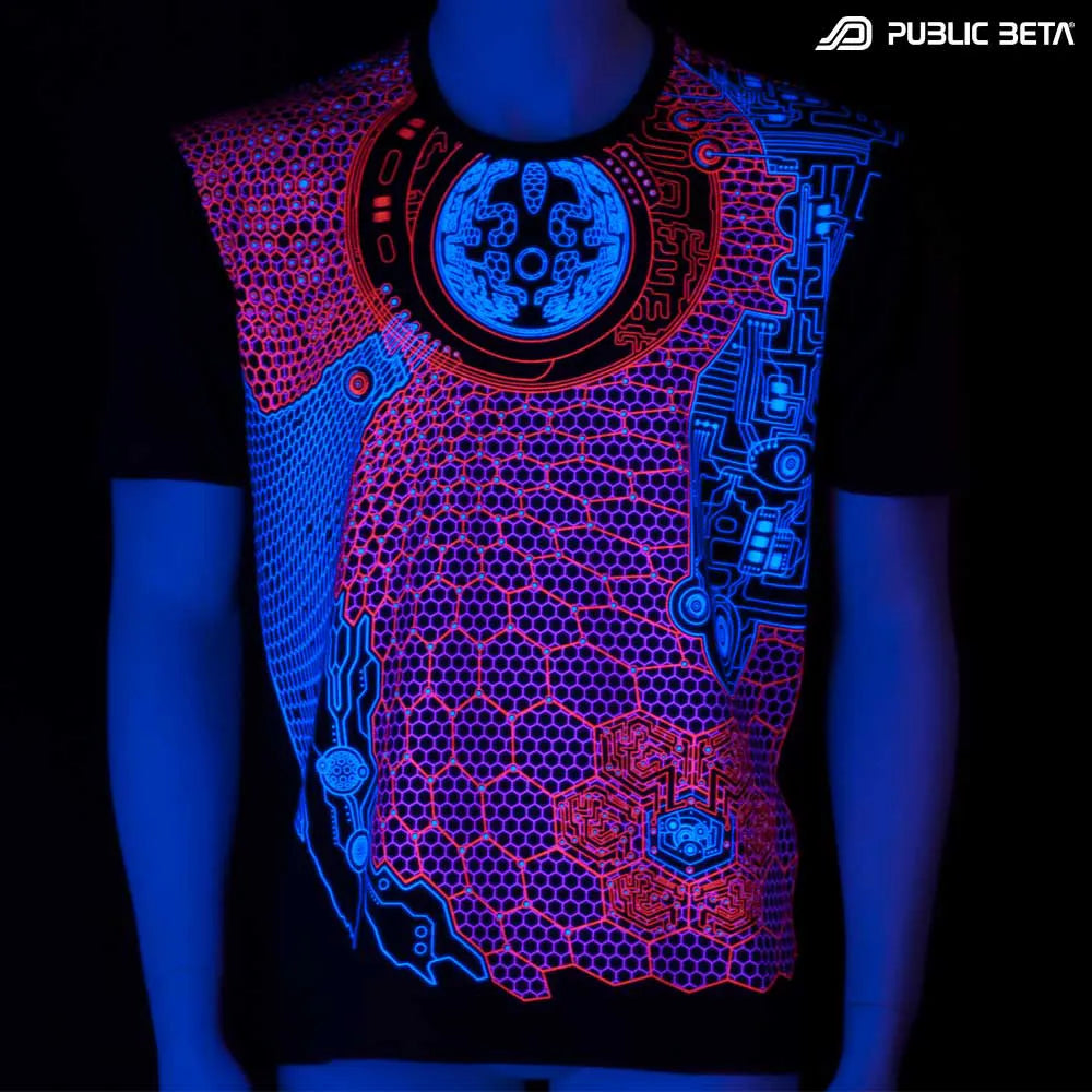 T-shirt with geometric UV-reactive graphics glowing under blacklight