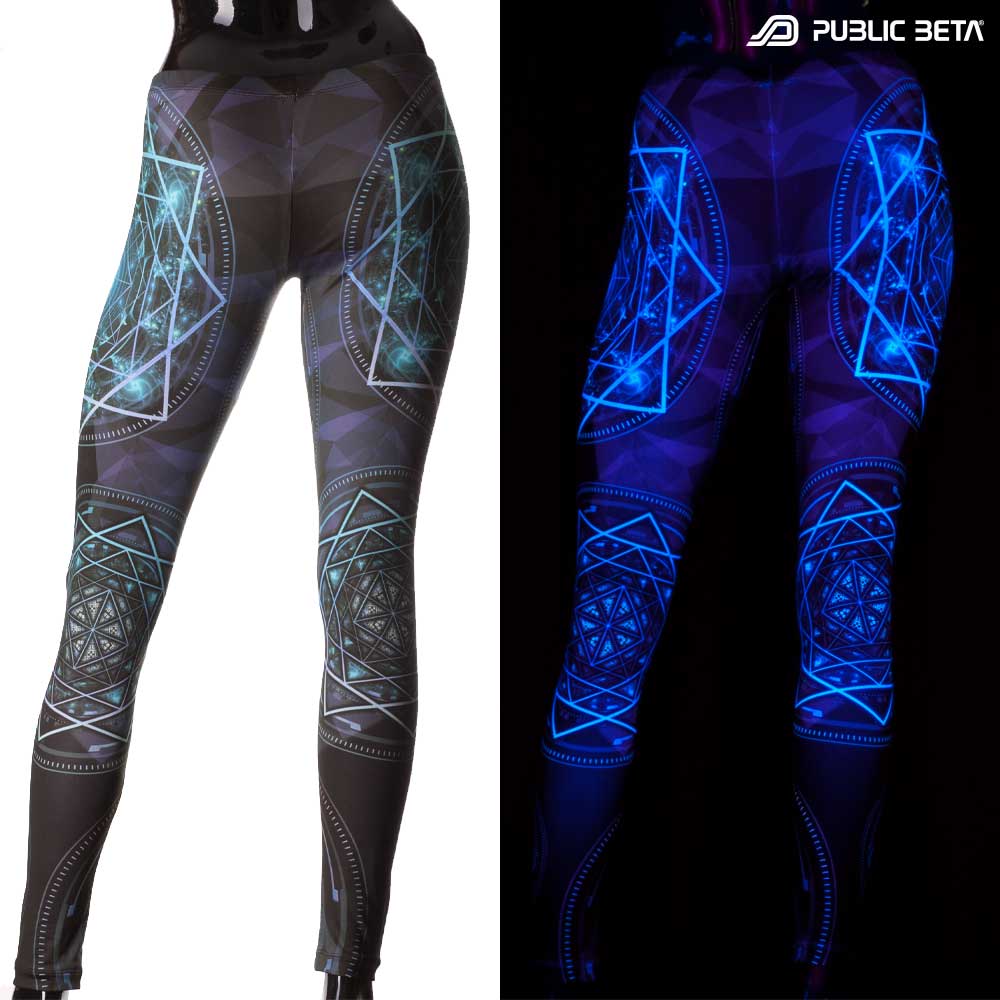 Split image of leggings with geometric cycle print shown in natural light and glowing under blacklight