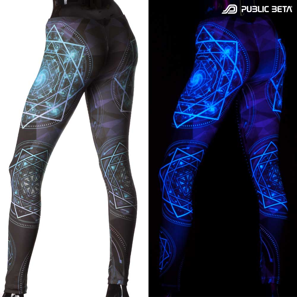 Split image of leggings with geometric cycle print shown in natural light and glowing under blacklight