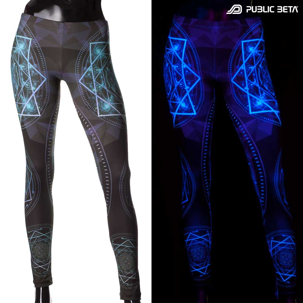 Split image of leggings with geometric cycle print shown in natural light and glowing under blacklight
