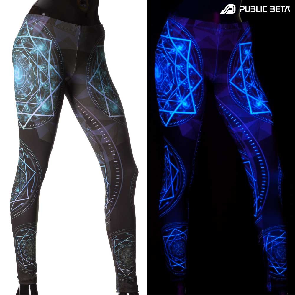 Split image of leggings with geometric cycle print shown in natural light and glowing under blacklight