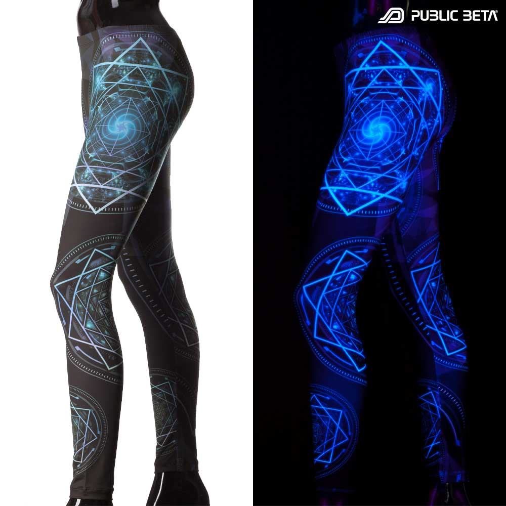 Split image of leggings with geometric cycle print shown in natural light and glowing under blacklight