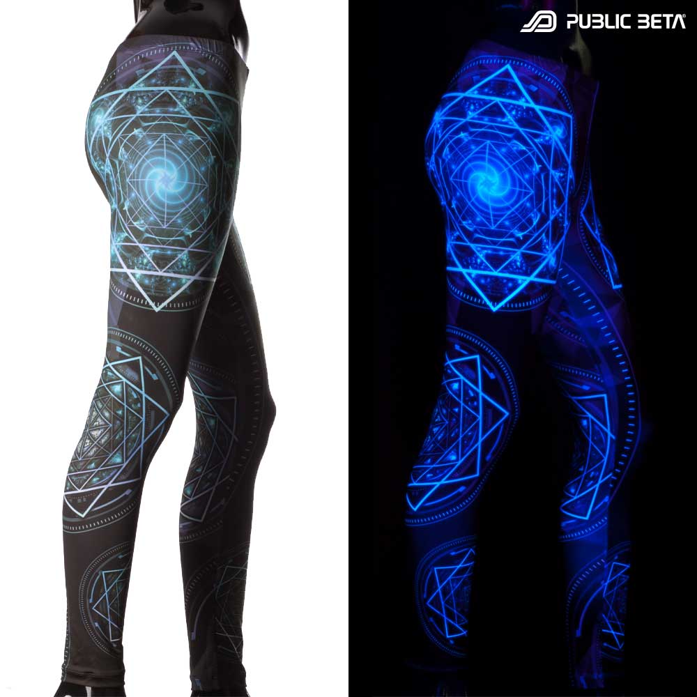 Split image of leggings with geometric cycle print shown in natural light and glowing under blacklight