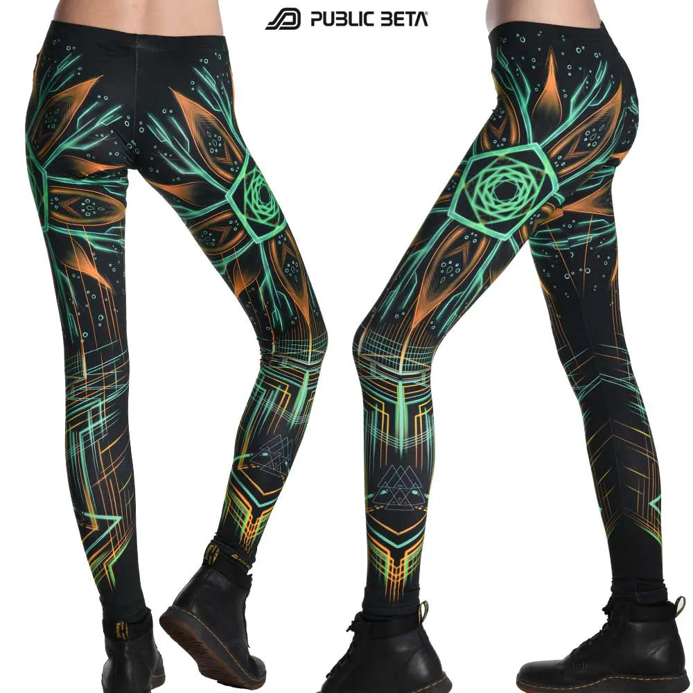 Uv reactive psychedelic art printed leggings shown in natural light