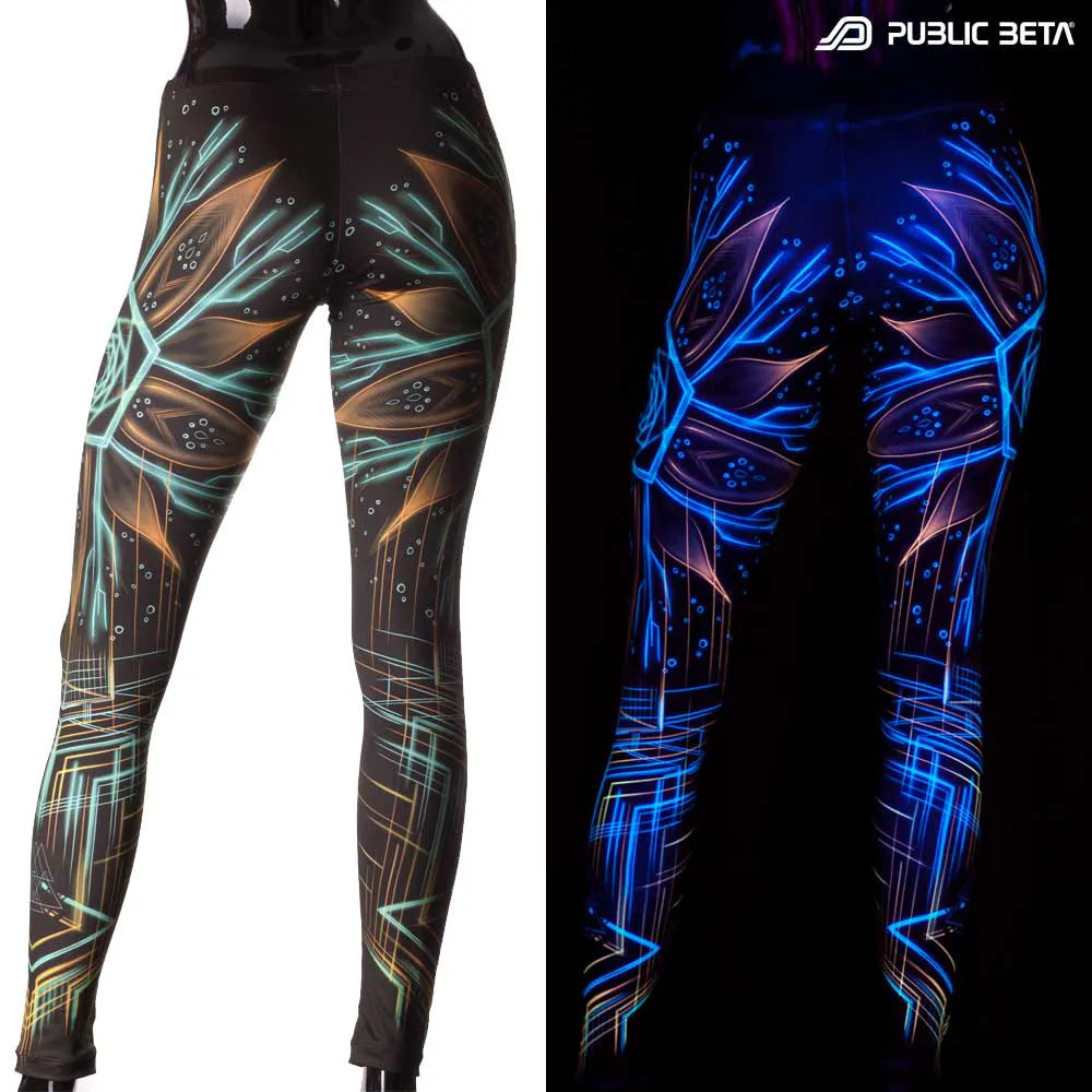 Uv reactive psychedelic art printed leggings shown in natural light and glowing under blacklight split image view