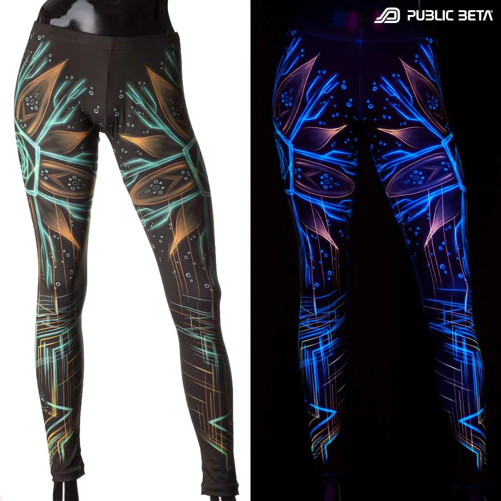 Uv reactive psychedelic art printed leggings shown in natural light and glowing under blacklight split image view