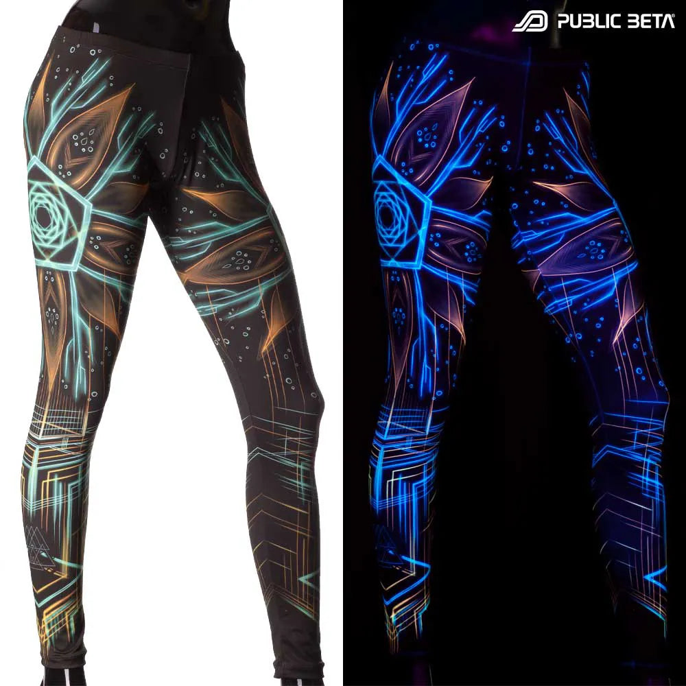 Uv reactive psychedelic art printed leggings shown in natural light and glowing under blacklight split image view