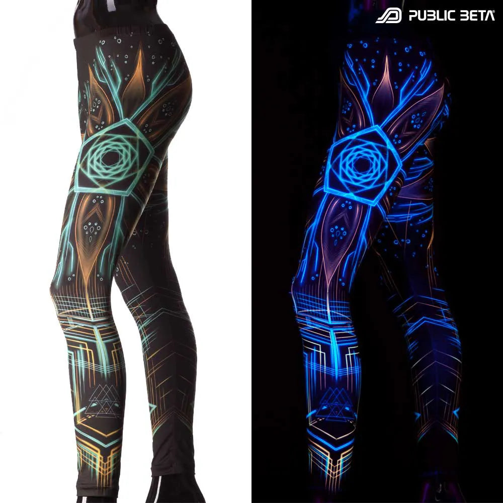 Uv reactive psychedelic art printed leggings shown in natural light and glowing under blacklight split image view