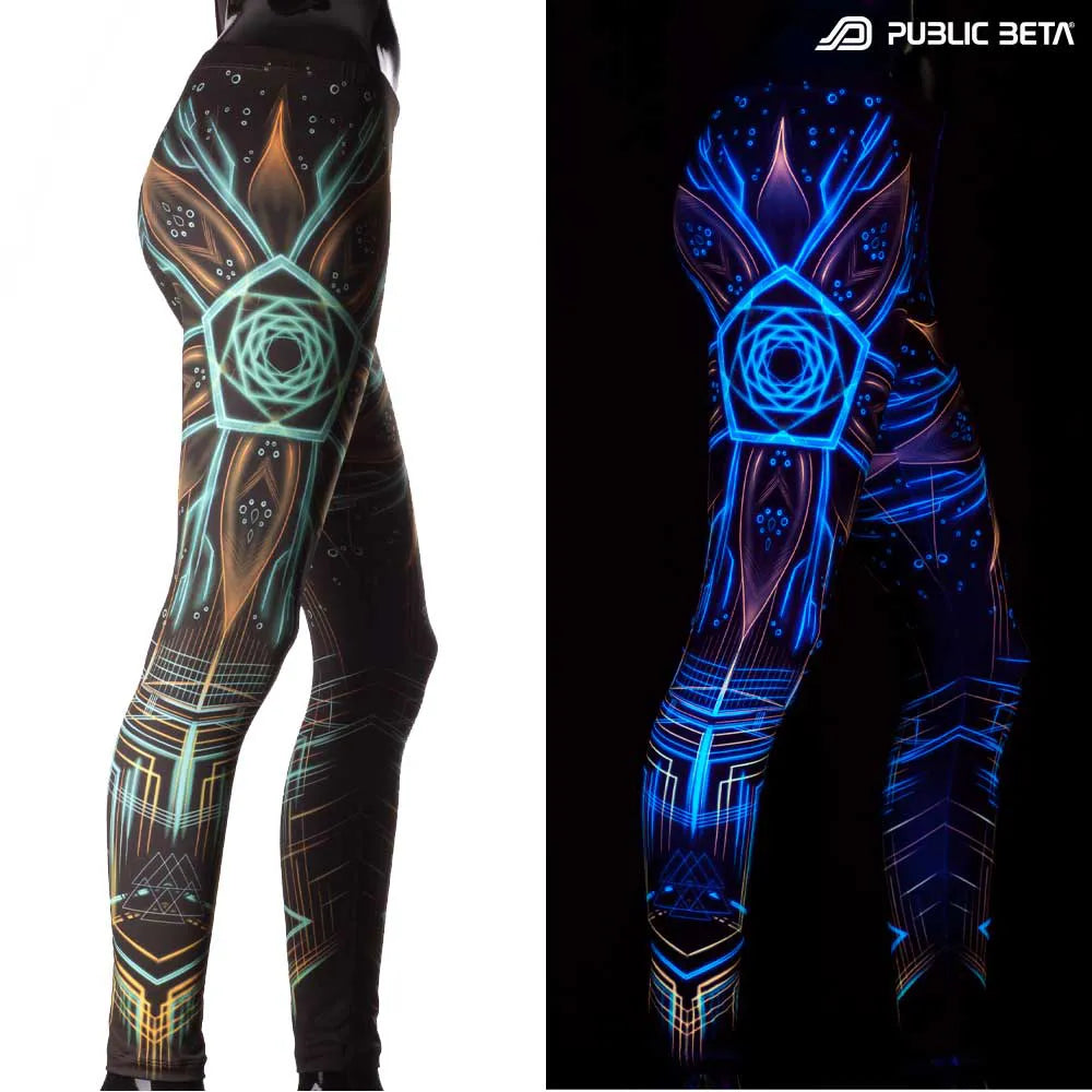 Uv reactive psychedelic art printed leggings shown in natural light and glowing under blacklight split image view