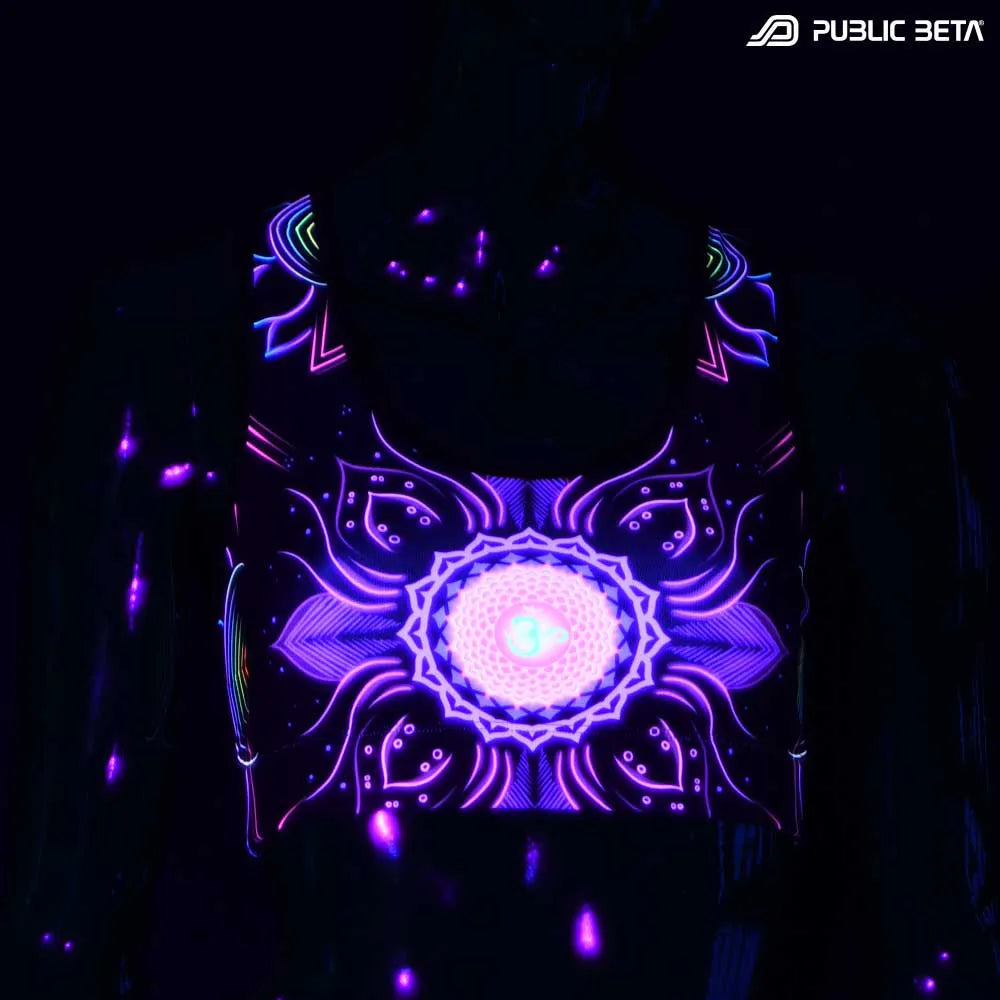 Active top with organic UV-reactive print glowing under blacklight