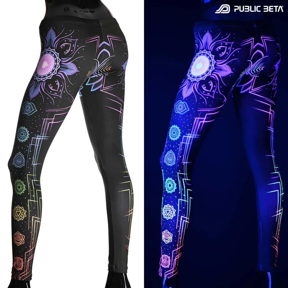 Uv reactive psychedelic art printed leggings shown in natural light and glowing under blacklight split image view