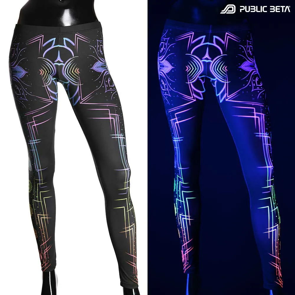 Uv reactive psychedelic art printed leggings shown in natural light and glowing under blacklight split image view