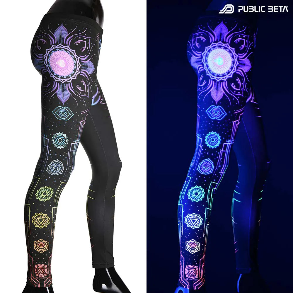Uv reactive psychedelic art printed leggings shown in natural light and glowing under blacklight split image view