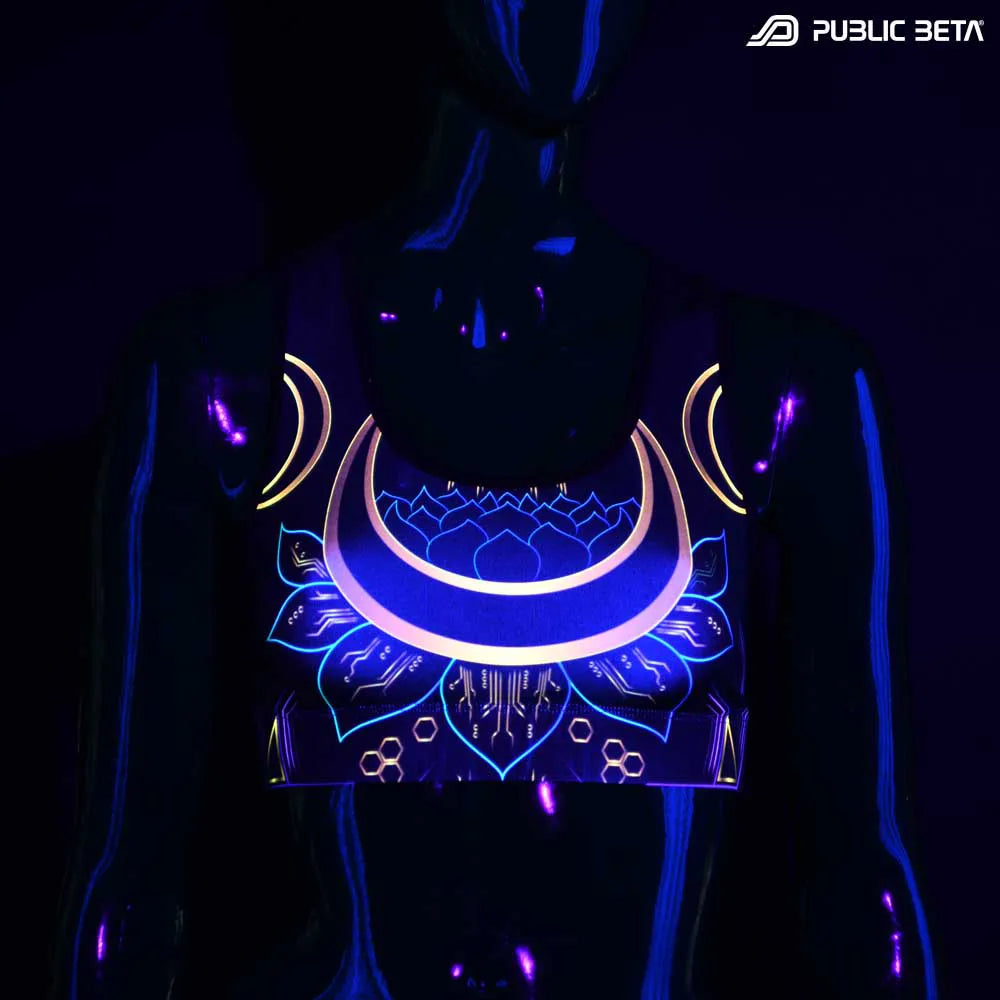 Active top with UV-reactive psychedelic art print glowing under blacklight