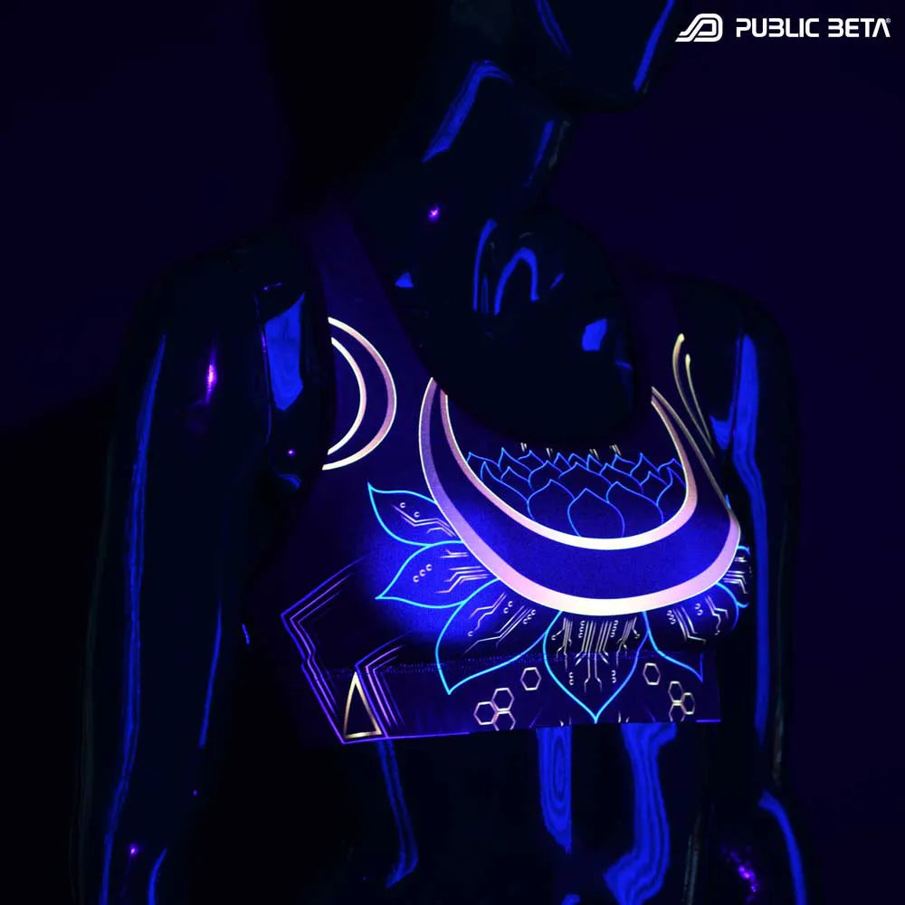 Active top with UV-reactive psychedelic art print glowing under blacklight